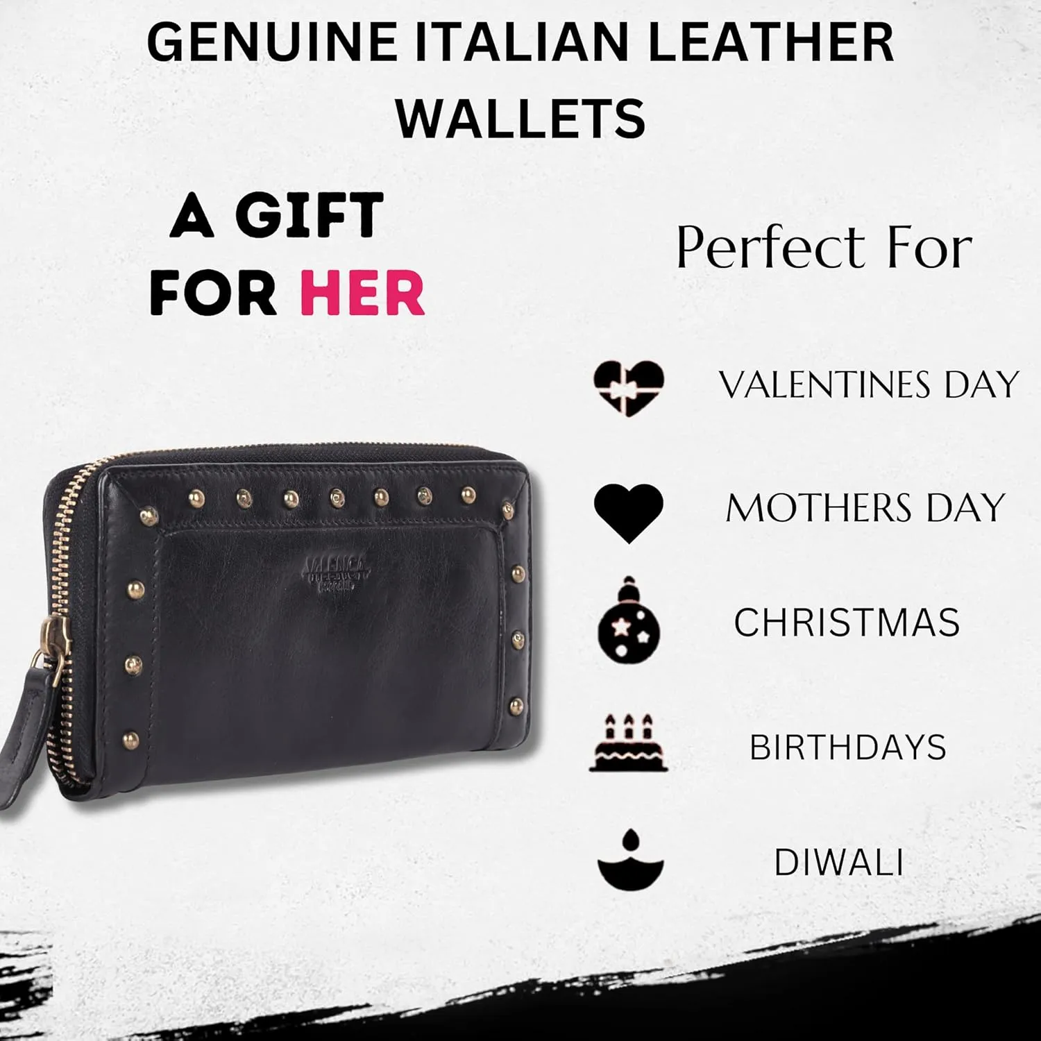 Vintage Genuine Italian Leather Boho Studded Wallet – Zipper Coin Purse & Credit Card Holder for Women (Black)