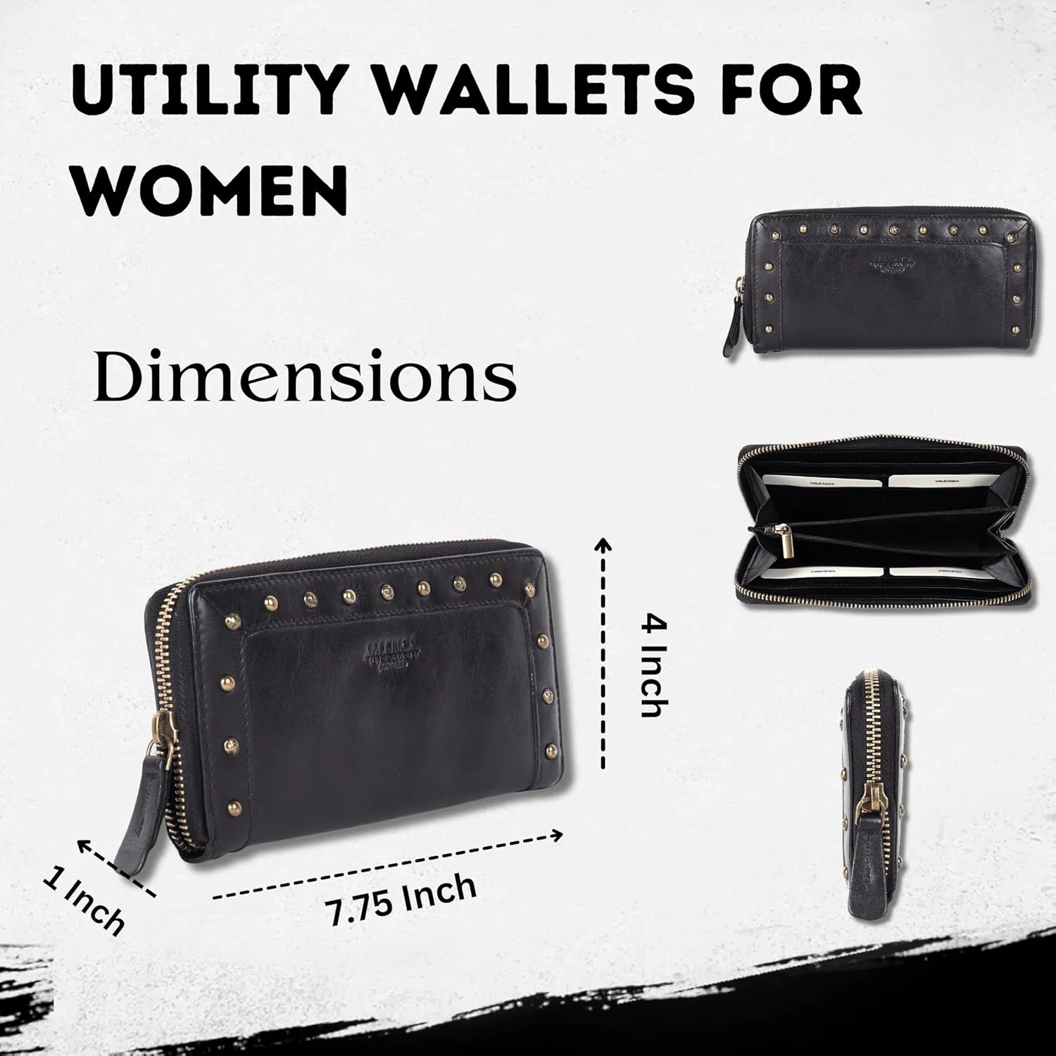 Vintage Genuine Italian Leather Boho Studded Wallet – Zipper Coin Purse & Credit Card Holder for Women (Black)