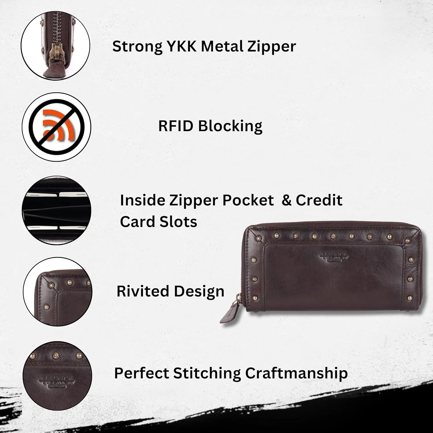 Vintage Genuine Italian Leather Boho Studded Wallet – Zipper Coin Purse & Credit Card Holder for Women (Brown)