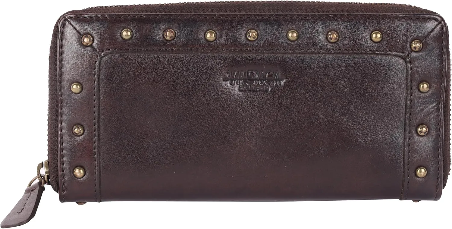 Vintage Genuine Italian Leather Boho Studded Wallet – Zipper Coin Purse & Credit Card Holder for Women (Brown)