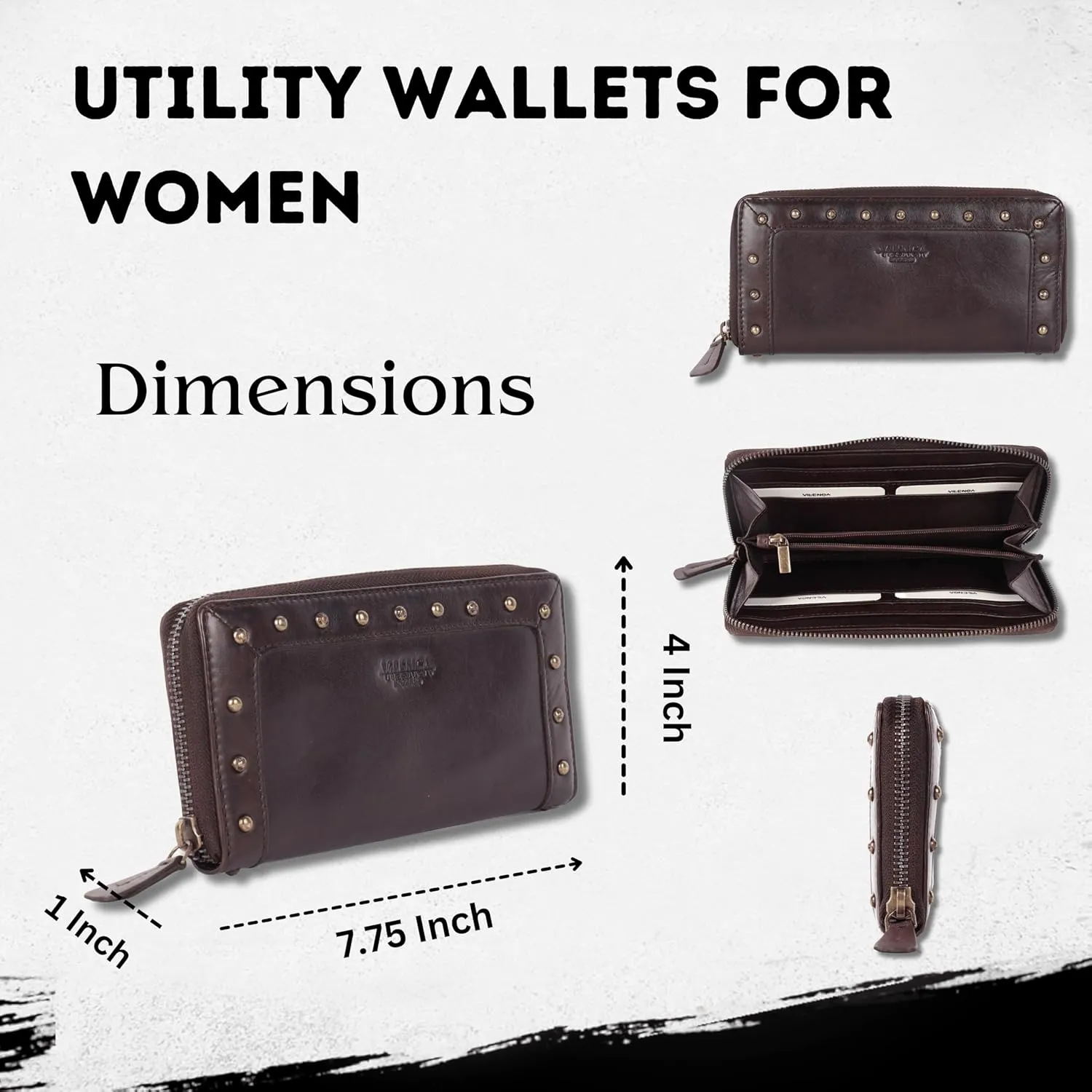 Vintage Genuine Italian Leather Boho Studded Wallet – Zipper Coin Purse & Credit Card Holder for Women (Brown)