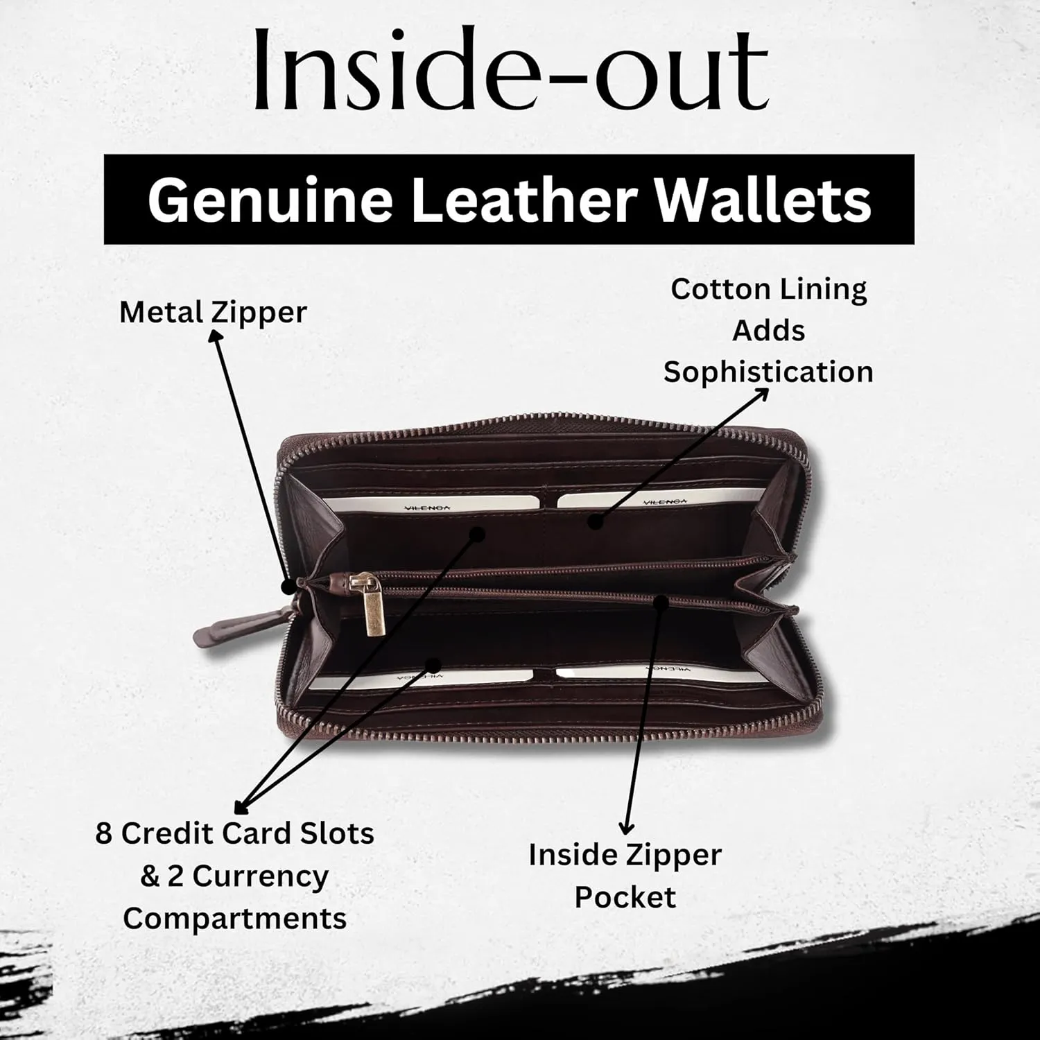 Vintage Genuine Italian Leather Boho Studded Wallet – Zipper Coin Purse & Credit Card Holder for Women (Brown)