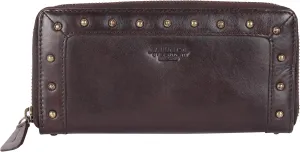 Vintage Genuine Italian Leather Boho Studded Wallet – Zipper Coin Purse & Credit Card Holder for Women (Brown)