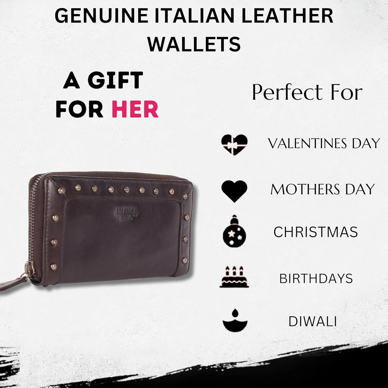 Vintage Genuine Italian Leather Boho Studded Wallet – Zipper Coin Purse & Credit Card Holder for Women (Brown)