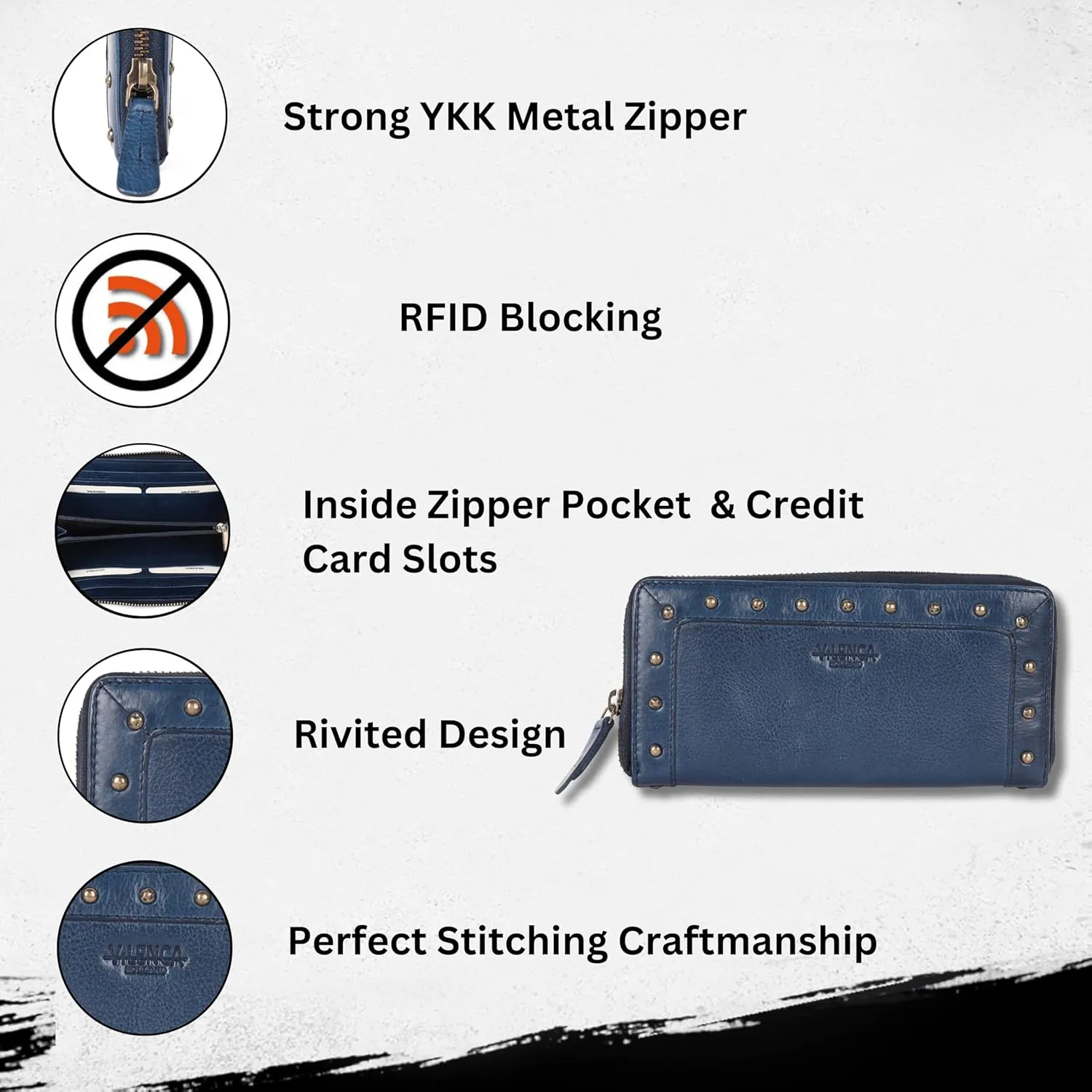 Vintage Genuine Italian Leather Boho Studded Wallet – Zipper Coin Purse & Credit Card Holder for Women (Navy)