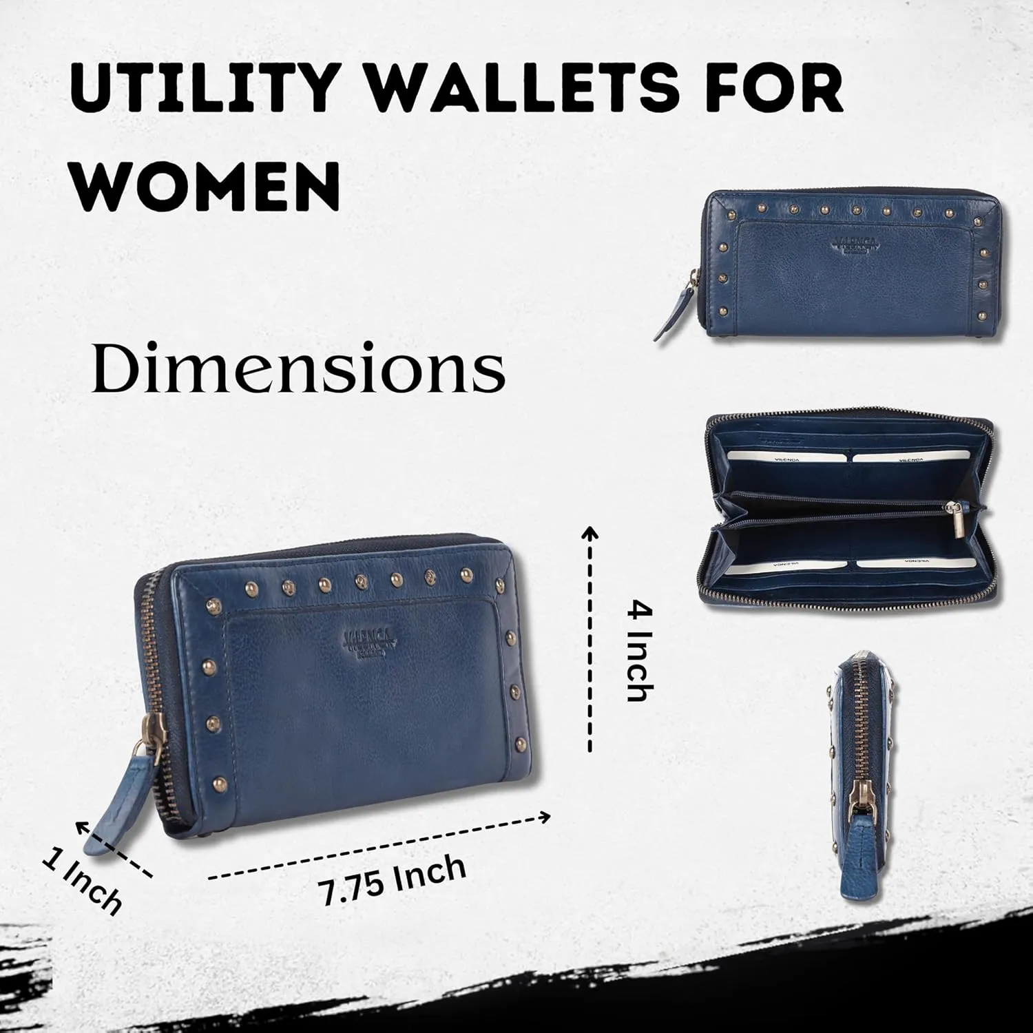 Vintage Genuine Italian Leather Boho Studded Wallet – Zipper Coin Purse & Credit Card Holder for Women (Navy)