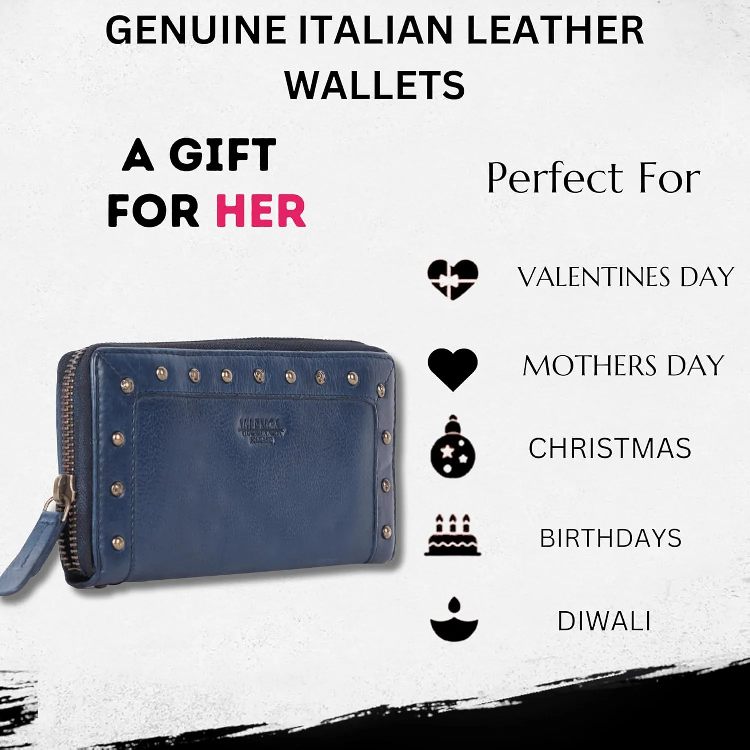 Vintage Genuine Italian Leather Boho Studded Wallet – Zipper Coin Purse & Credit Card Holder for Women (Navy)