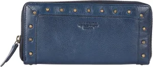 Vintage Genuine Italian Leather Boho Studded Wallet – Zipper Coin Purse & Credit Card Holder for Women (Navy)