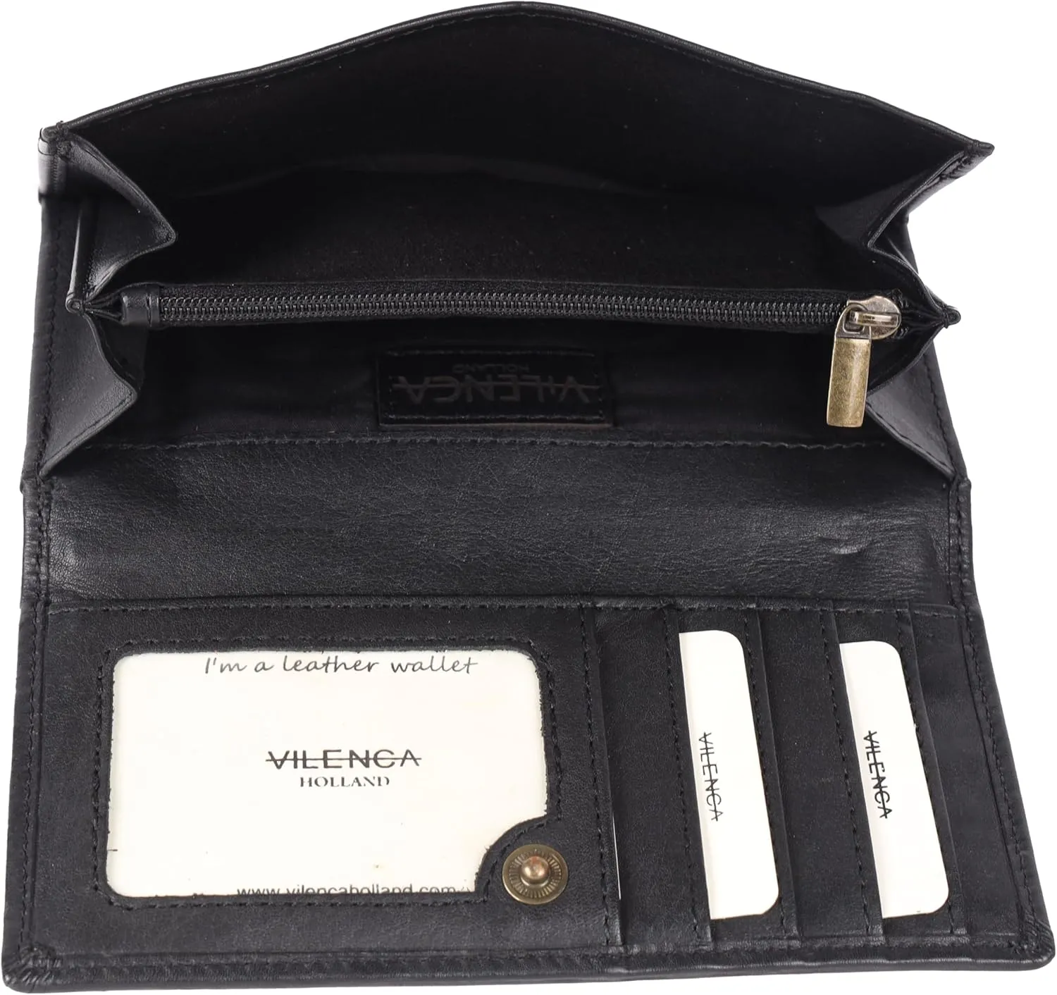 Vintage Italian Leather Boho Studded Trifold Wallet – Zipper Coin Purse & Credit Card Holder for Women (Black)