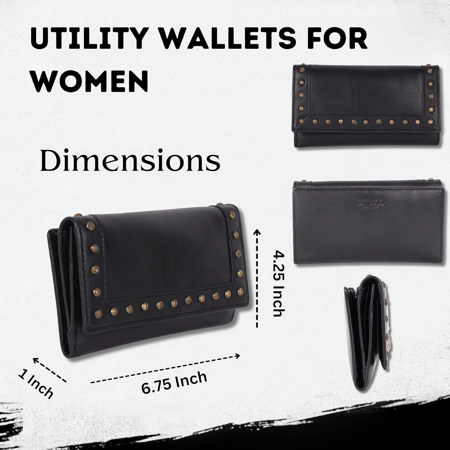 Vintage Italian Leather Boho Studded Trifold Wallet – Zipper Coin Purse & Credit Card Holder for Women (Black)