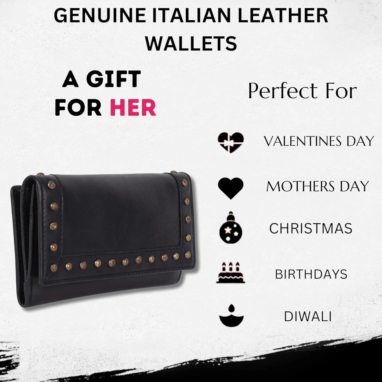 Vintage Italian Leather Boho Studded Trifold Wallet – Zipper Coin Purse & Credit Card Holder for Women (Black)