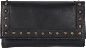 Vintage Italian Leather Boho Studded Trifold Wallet – Zipper Coin Purse & Credit Card Holder for Women (Black)