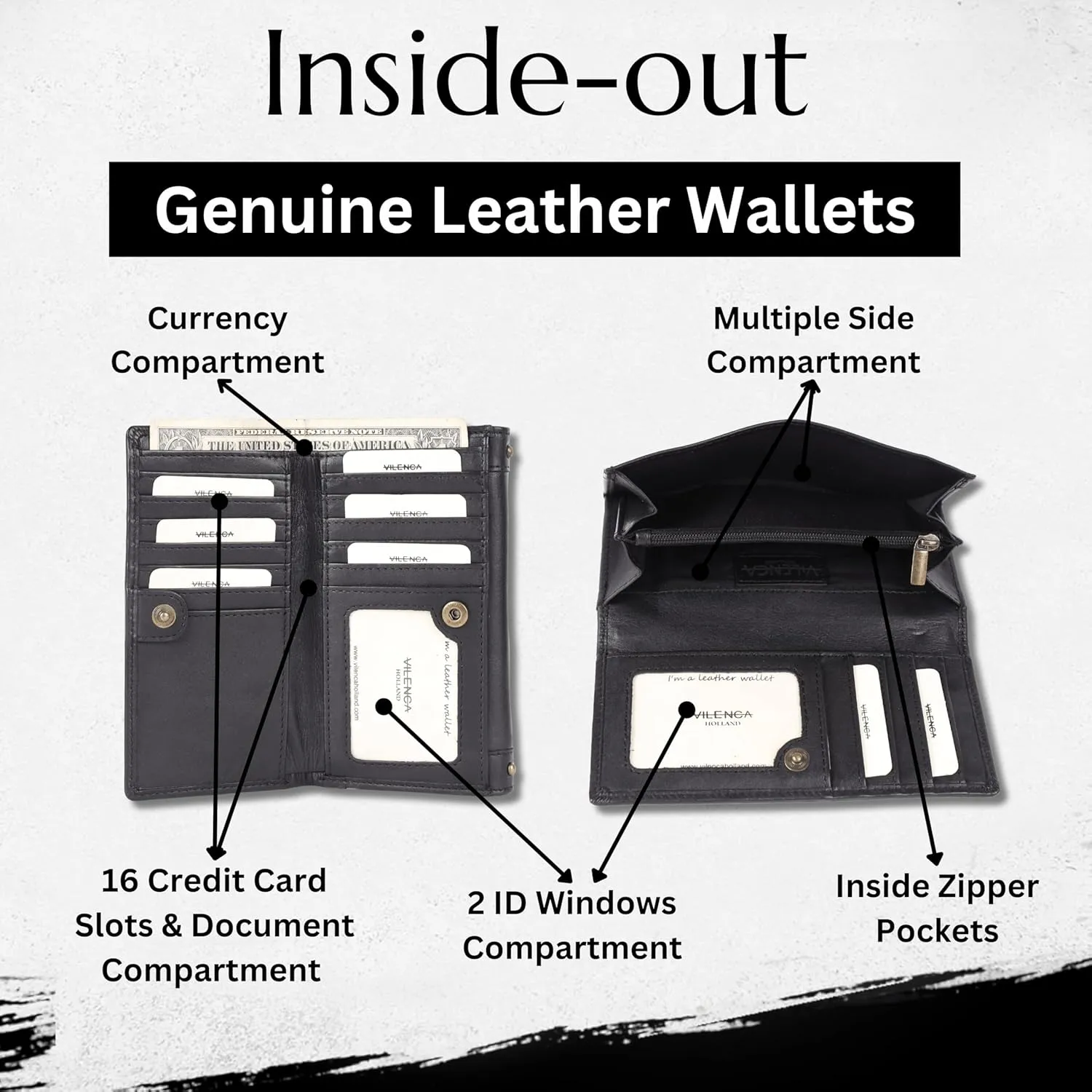 Vintage Italian Leather Boho Studded Trifold Wallet – Zipper Coin Purse & Credit Card Holder for Women (Black)