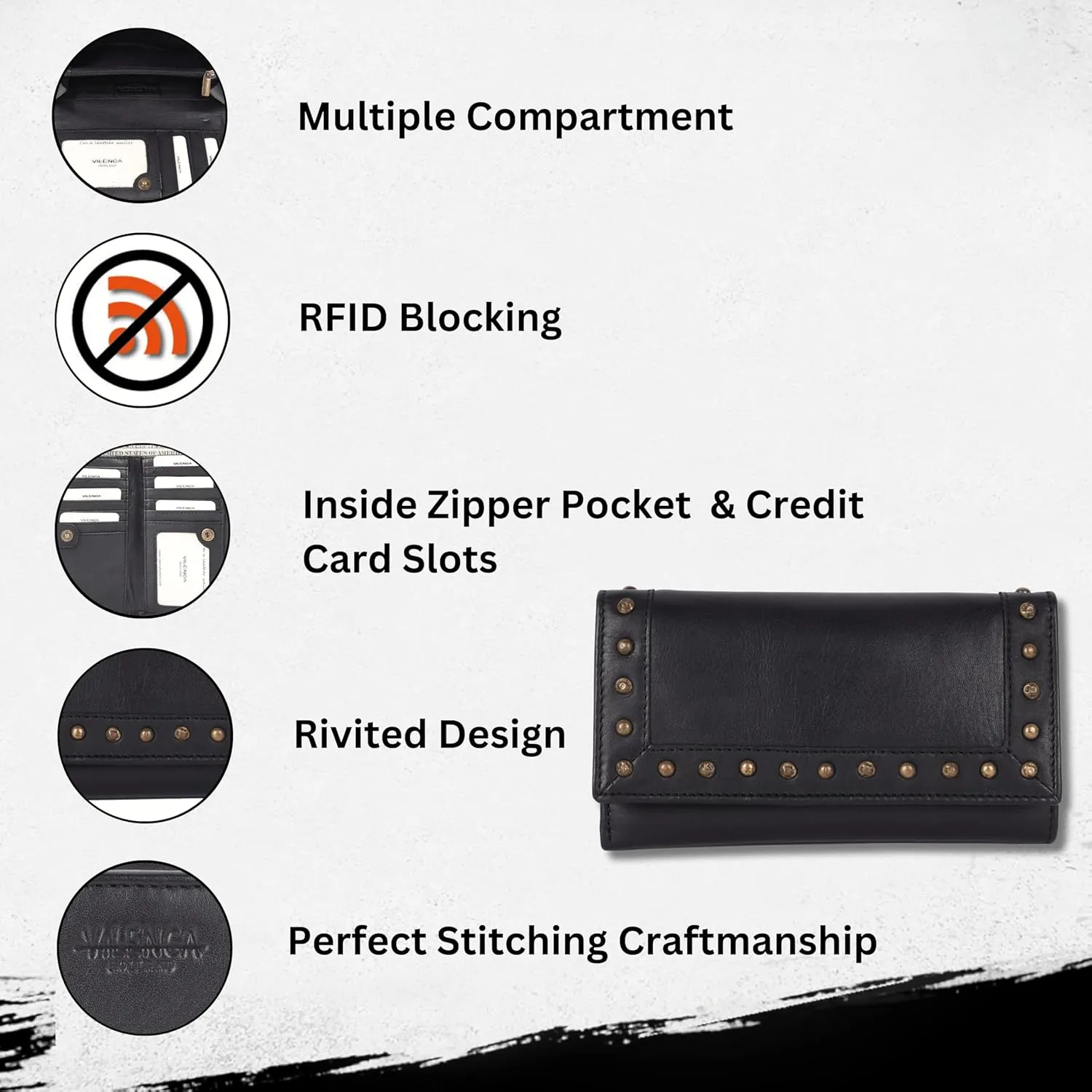Vintage Italian Leather Boho Studded Trifold Wallet – Zipper Coin Purse & Credit Card Holder for Women (Black)