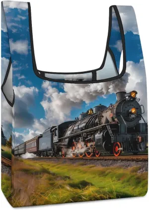 Vintage Steam Engine Locomotive Train Shopping Bag Reusable Grocery Tote Bag Foldable Handbag with Handle for Travel Picnic