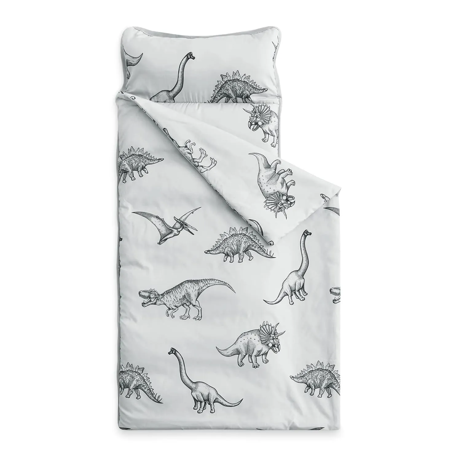 Wake In Cloud - Toddler Nap Mat with Pillow and Blanket, for Kids Boys Girls in Kindergarten Daycare Preschool Pre K, Roll Up Sleeping Bag, Jurassic Dinosaur Dino, Grey, Standard