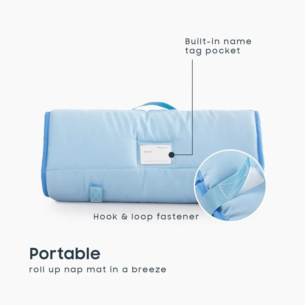 Wake In Cloud - Toddler Nap Mat with Pillow and Blanket, for Kids Boys Girls in Kindergarten Daycare Preschool Pre K, Roll Up Sleeping Bag, Solid Color, Light Blue, Standard