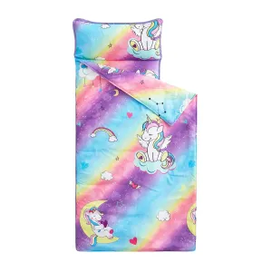 Wake In Cloud - Toddler Nap Mat with Pillow and Blanket, for Kids Girls in Kindergarten Daycare Preschool Pre K, Roll Up Sleeping Bag, Colorful Unicorn Star, Purple Blue Pink, Extra Long