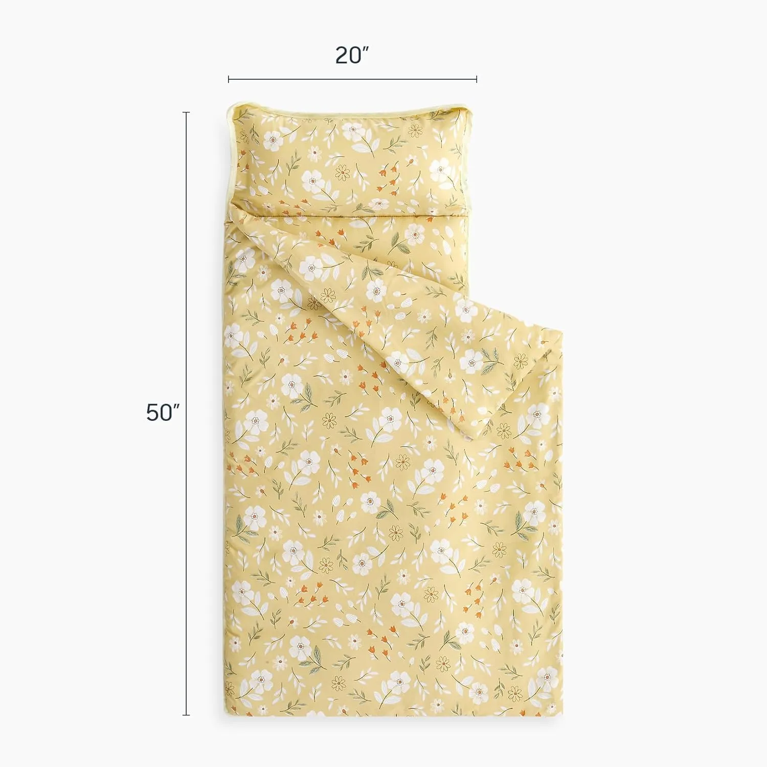 Wake In Cloud - Toddler Nap Mat with Pillow and Blanket, for Kids Girls in Kindergarten Daycare Preschool Pre K, Roll Up Sleeping Bag, Floral Botanical Flowers, Yellow, Standard