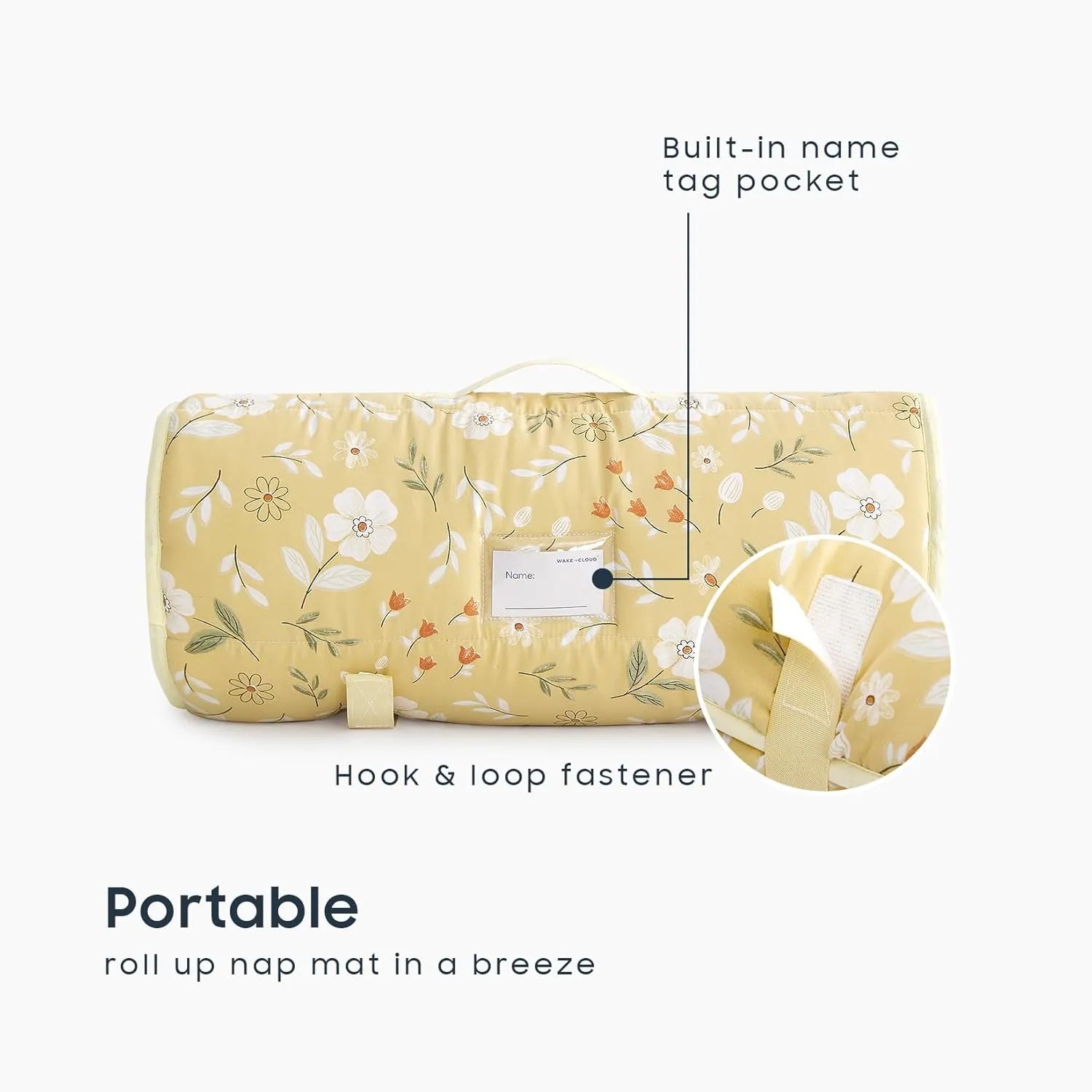 Wake In Cloud - Toddler Nap Mat with Pillow and Blanket, for Kids Girls in Kindergarten Daycare Preschool Pre K, Roll Up Sleeping Bag, Floral Botanical Flowers, Yellow, Standard