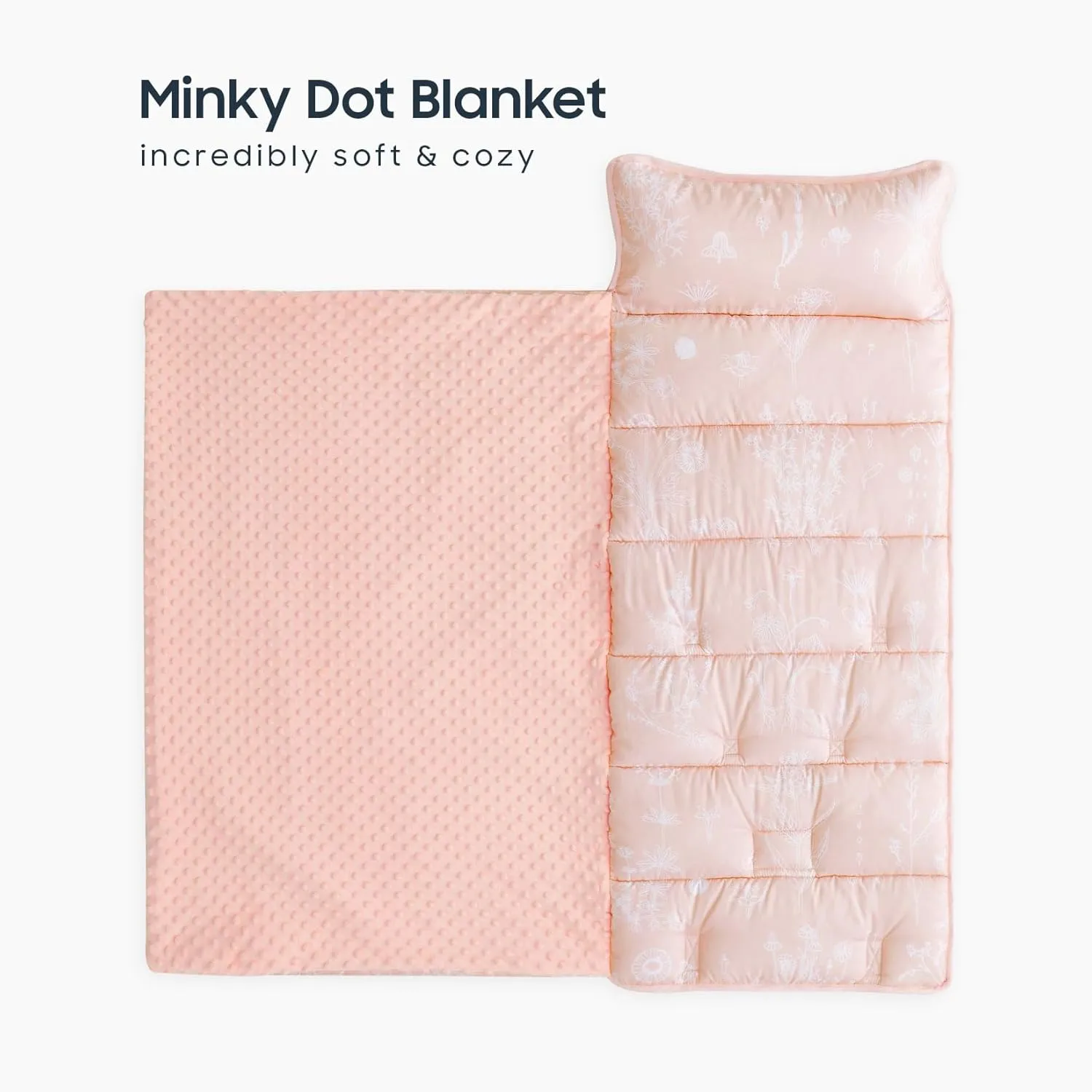 Wake In Cloud - Toddler Nap Mat with Pillow and Minky Fleece Blanket, for Kids Boys Girls in Daycare Preschool Kindergarten, Roll Up Sleeping Bag, Botanical Light Pink, Standard Size