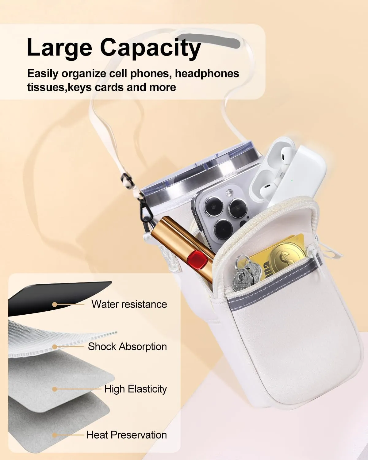 Water Bottle Holder with Strap for YETI Tumbler, Water Bottle Carrier Sling Bag with Phone Pocket, Gym Bottle Accessories