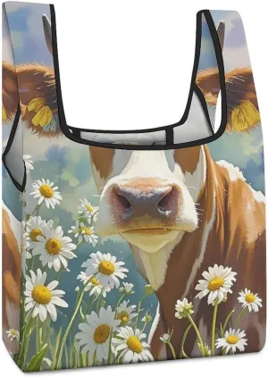 Watercolor Cow And Daisy Flower Tote Bag Reusable Shopping Handbag Washable Foldable Grocery Tote for Picnic Shopping