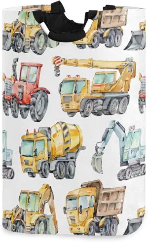 Watercolor Trucks and Cars Red Tractor, Excavator, Concrete Mixer Laundry Hamper Basket Bucket, Foldable Dirty Clothes Bag, Waterproof Fabric Washing Bin, Toy Storage with Handles for Bathroom