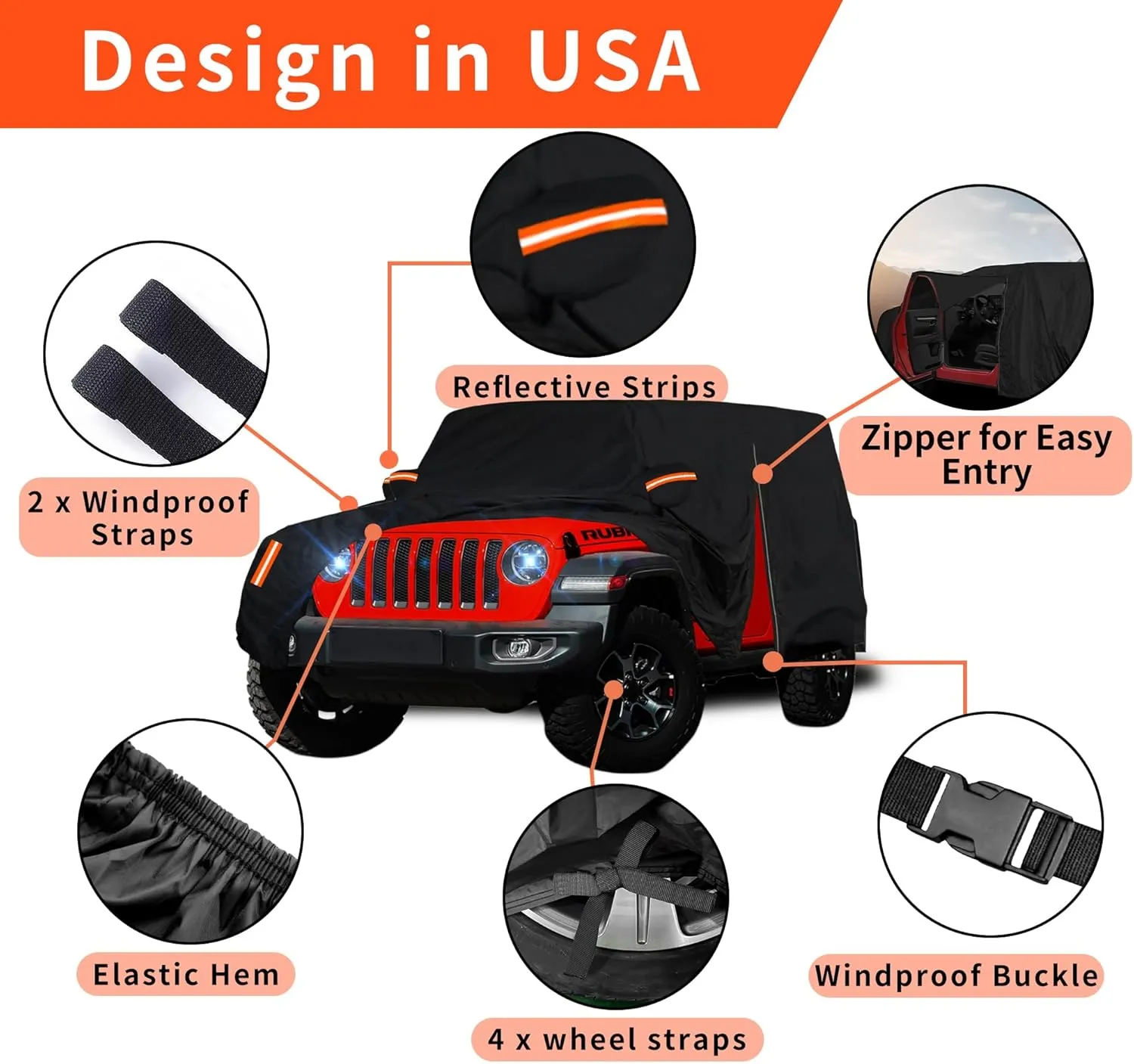 Waterproof Car Cover for Jeep Wrangler 2 Door 1987-2024 2025 JK JL TJ YJ CJ Sahara, Upgraded Outdoor Full Exterior Sun Rain Snow Hail Protection with Driver Door Zipper