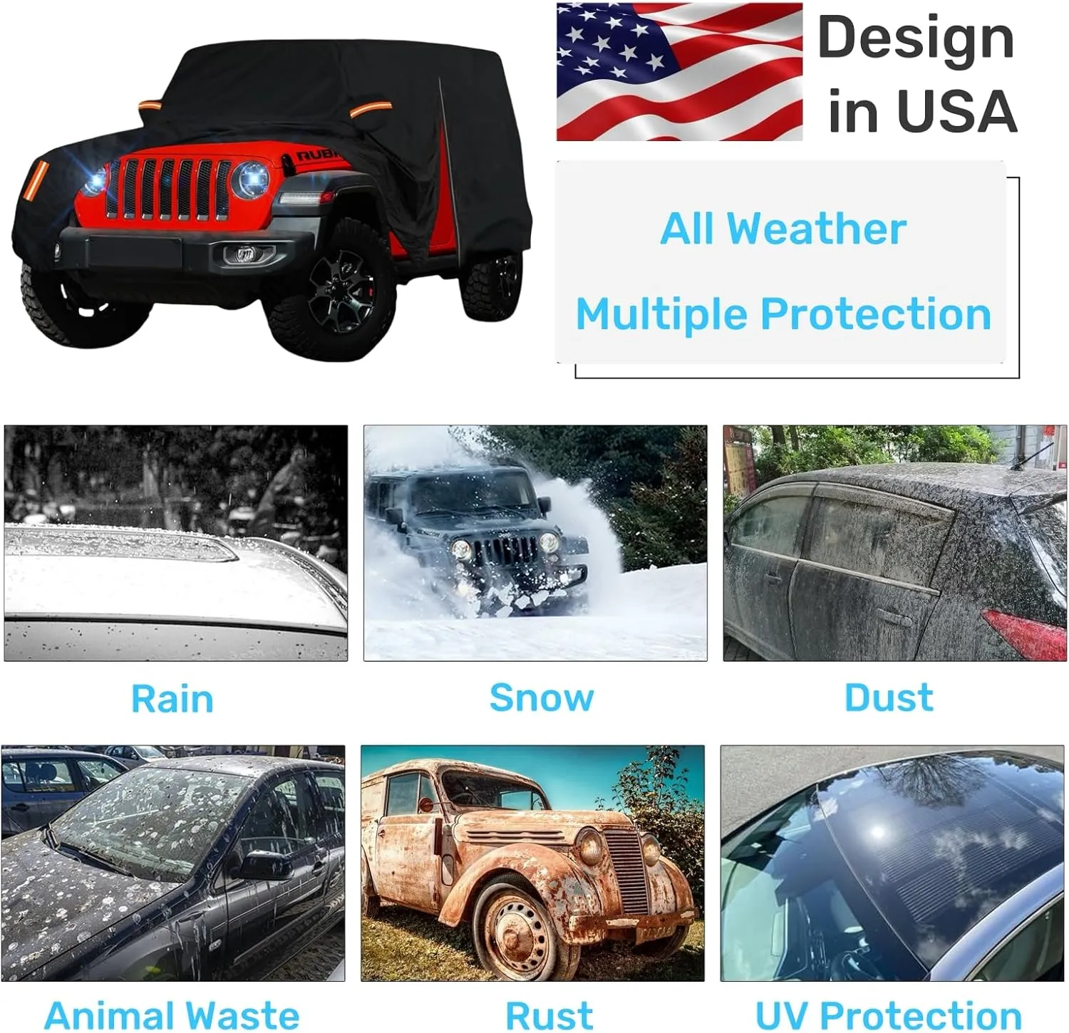 Waterproof Car Cover for Jeep Wrangler 2 Door 1987-2024 2025 JK JL TJ YJ CJ Sahara, Upgraded Outdoor Full Exterior Sun Rain Snow Hail Protection with Driver Door Zipper