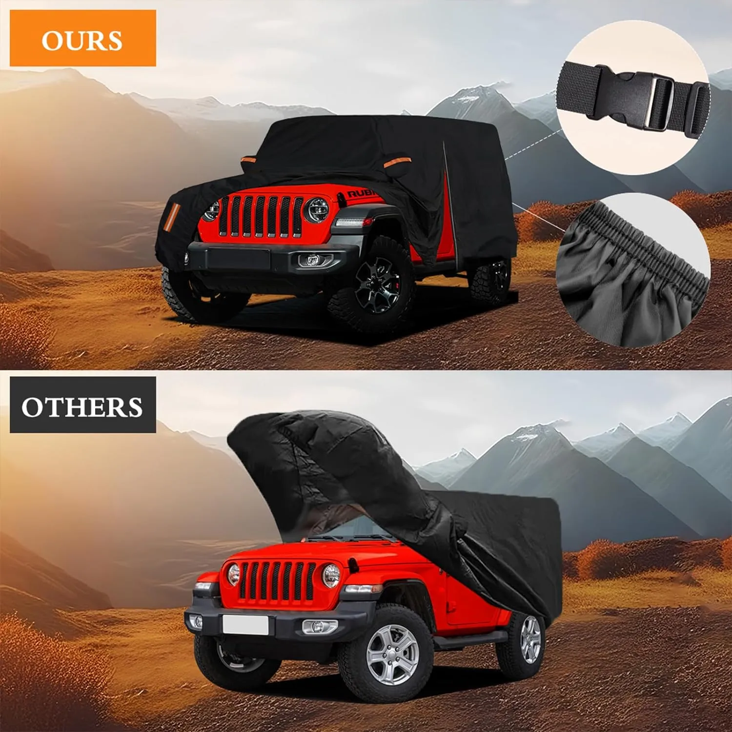 Waterproof Car Cover for Jeep Wrangler 2 Door 1987-2024 2025 JK JL TJ YJ CJ Sahara, Upgraded Outdoor Full Exterior Sun Rain Snow Hail Protection with Driver Door Zipper