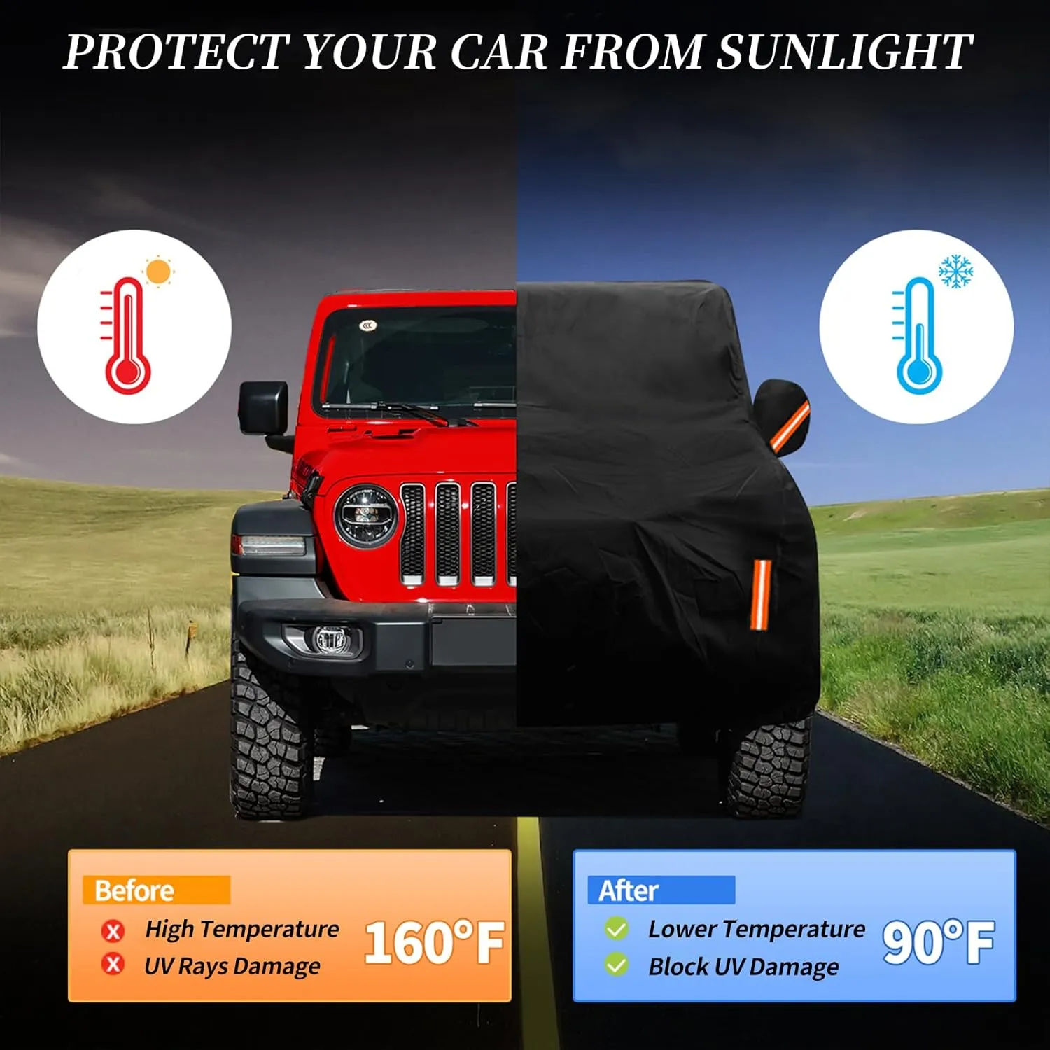Waterproof Car Cover for Jeep Wrangler 2 Door 1987-2024 2025 JK JL TJ YJ CJ Sahara, Upgraded Outdoor Full Exterior Sun Rain Snow Hail Protection with Driver Door Zipper