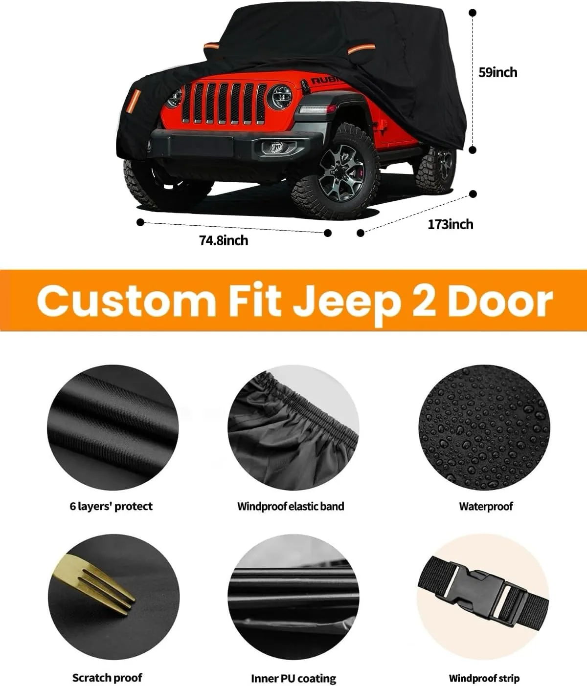 Waterproof Car Cover for Jeep Wrangler 2 Door 1987-2024 2025 JK JL TJ YJ CJ Sahara, Upgraded Outdoor Full Exterior Sun Rain Snow Hail Protection with Driver Door Zipper