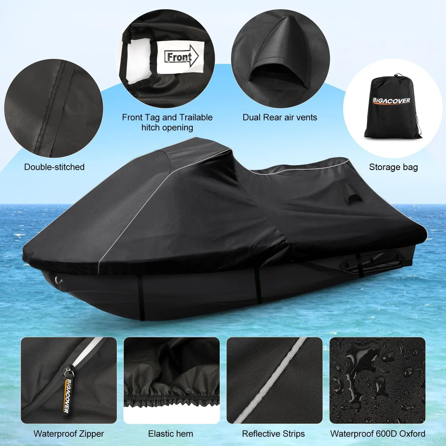 Waterproof Jet Ski Cover Custom Fit for Sea-doo Spark 2up Spark Trixx 2up, 600D Oxford UV-Proof Jetski Waverunner Covers, Trailerable Jetski Cover with Air Vents, Reflective Strips