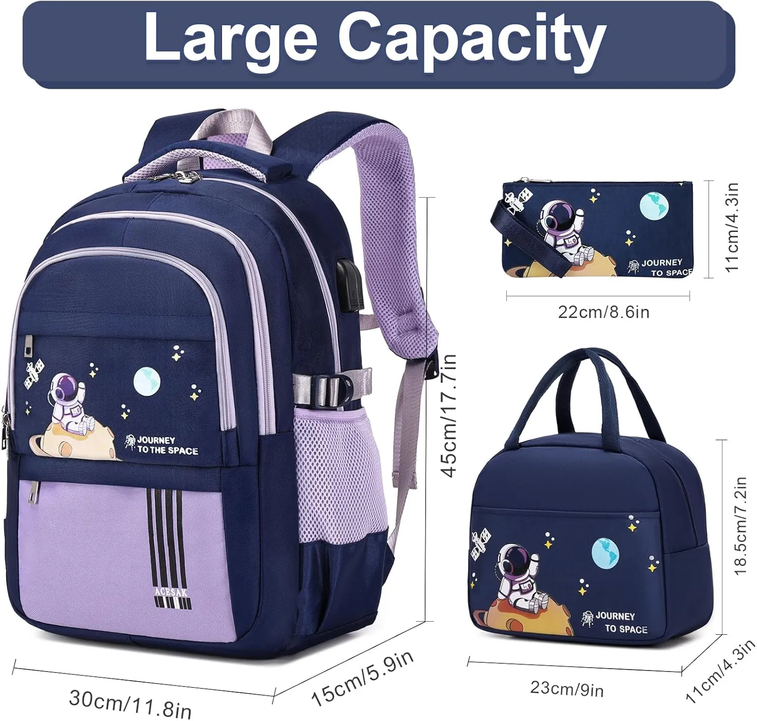 Waterproof Lightweight Backpack for Girls with Lunch Bag