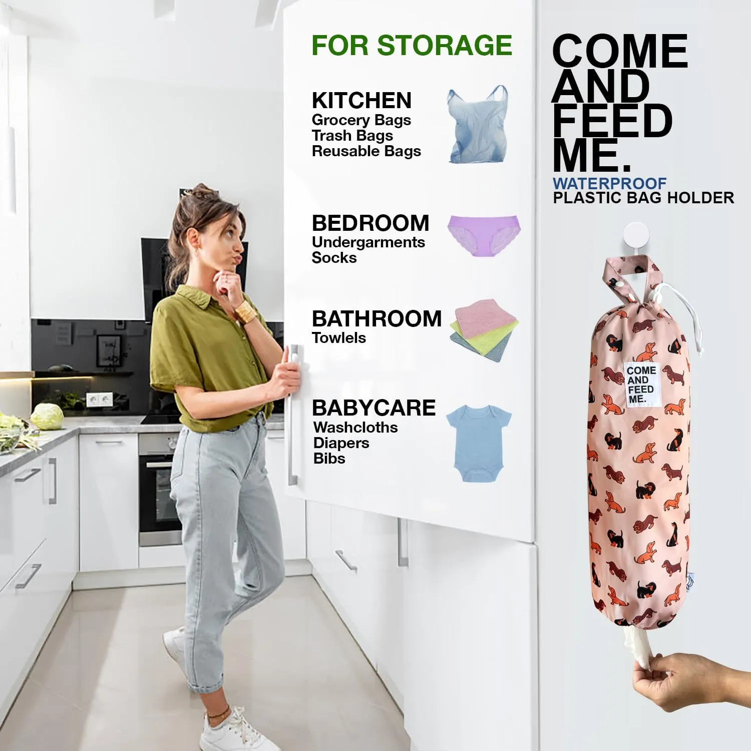 Waterproof Plastic Bag Holder Grocery Shopping Carrier Storage Kitchen Travel Camp Carrier Dispenser 2 Pack (Cute Dogs)