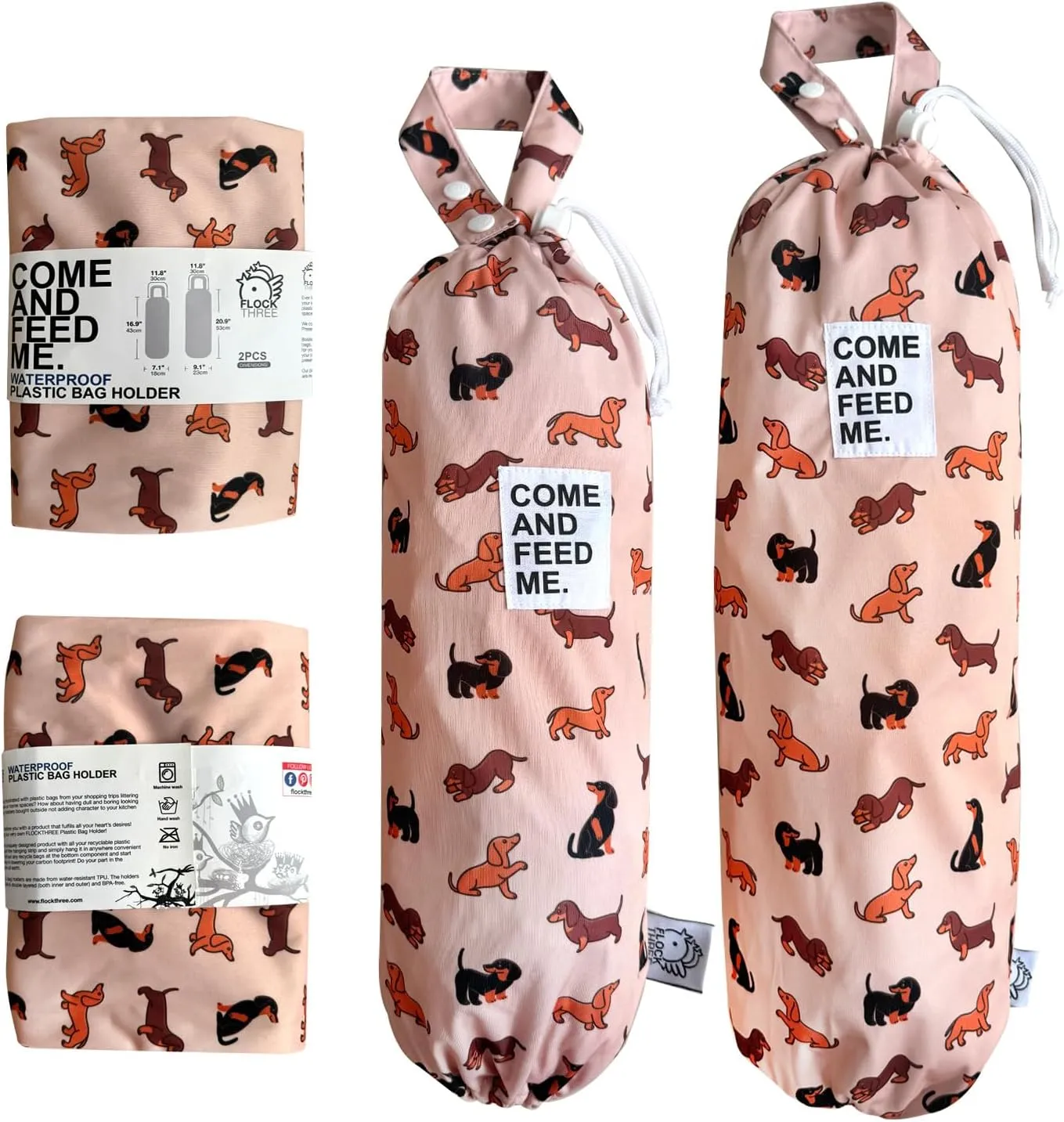 Waterproof Plastic Bag Holder Grocery Shopping Carrier Storage Kitchen Travel Camp Carrier Dispenser 2 Pack (Cute Dogs)