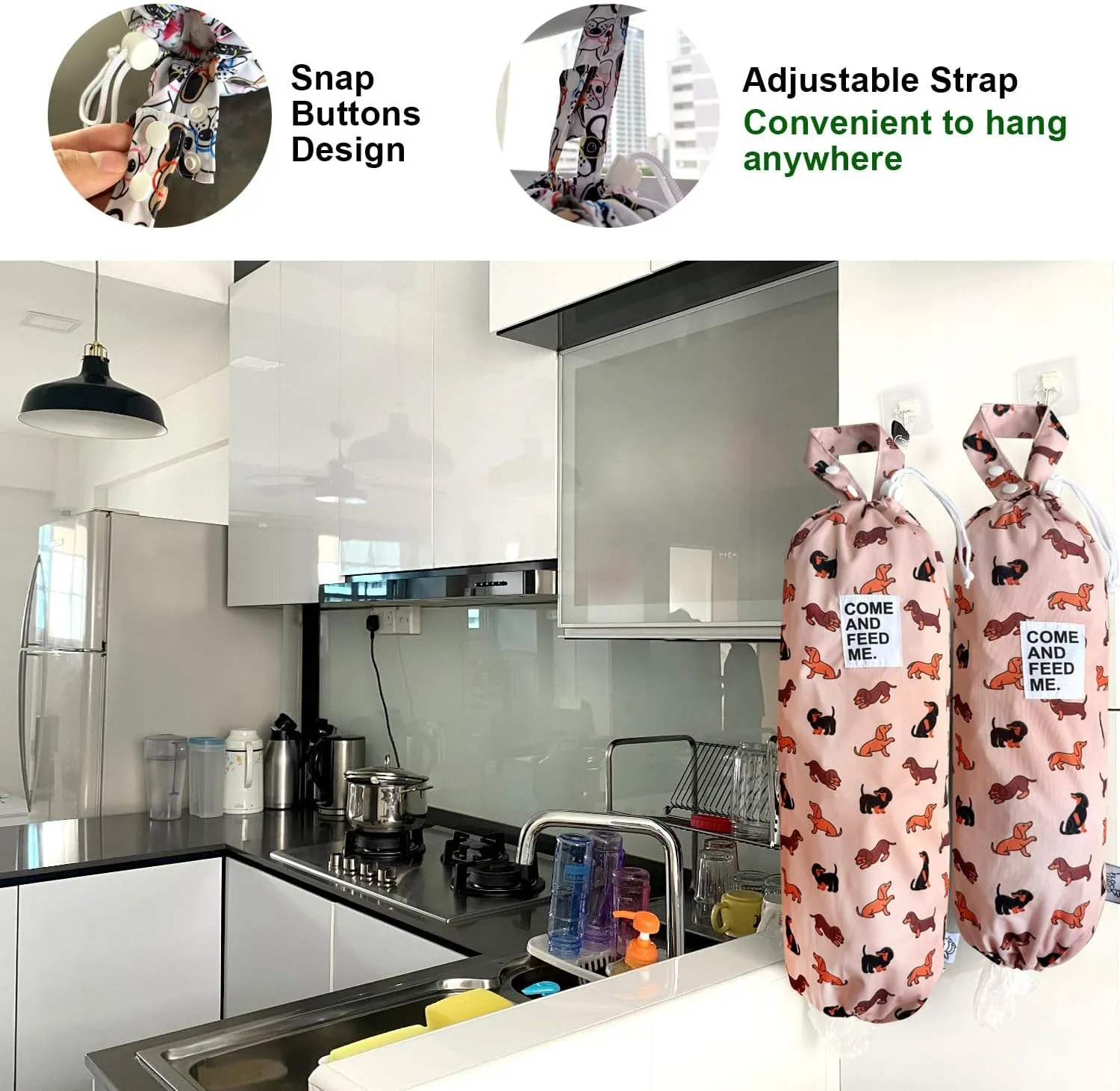 Waterproof Plastic Bag Holder Grocery Shopping Carrier Storage Kitchen Travel Camp Carrier Dispenser 2 Pack (Cute Dogs)