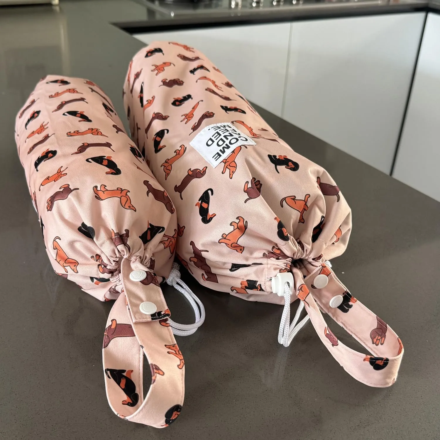 Waterproof Plastic Bag Holder Grocery Shopping Carrier Storage Kitchen Travel Camp Carrier Dispenser 2 Pack (Cute Dogs)