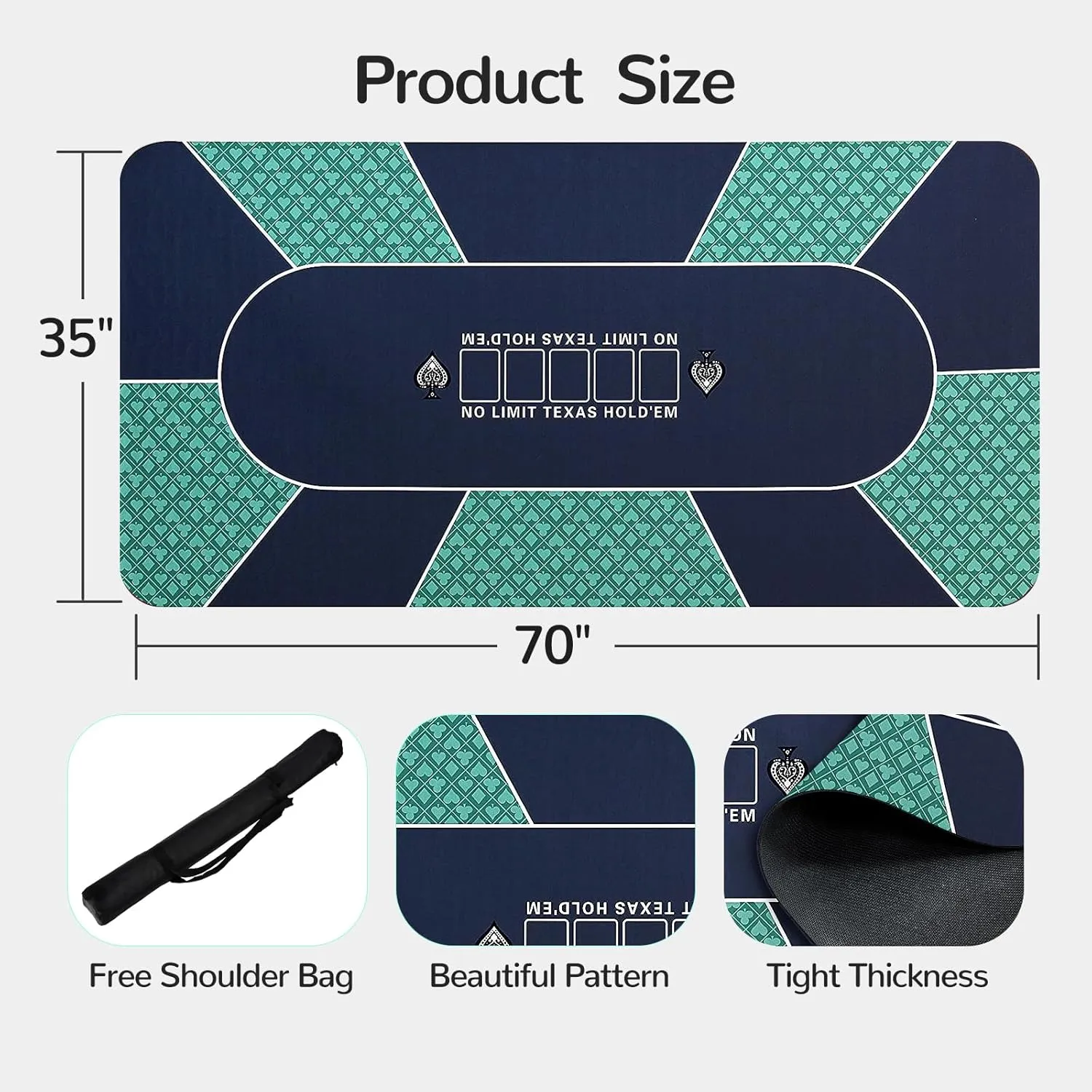 Waterproof Professional Poker Mat, 8 Player Portable Rubber Texas Hold'em Poker Table Top Layout w/Zipper Handbag to Play Cards, Poker Games, Blackjack, Casino 70'' x 35''