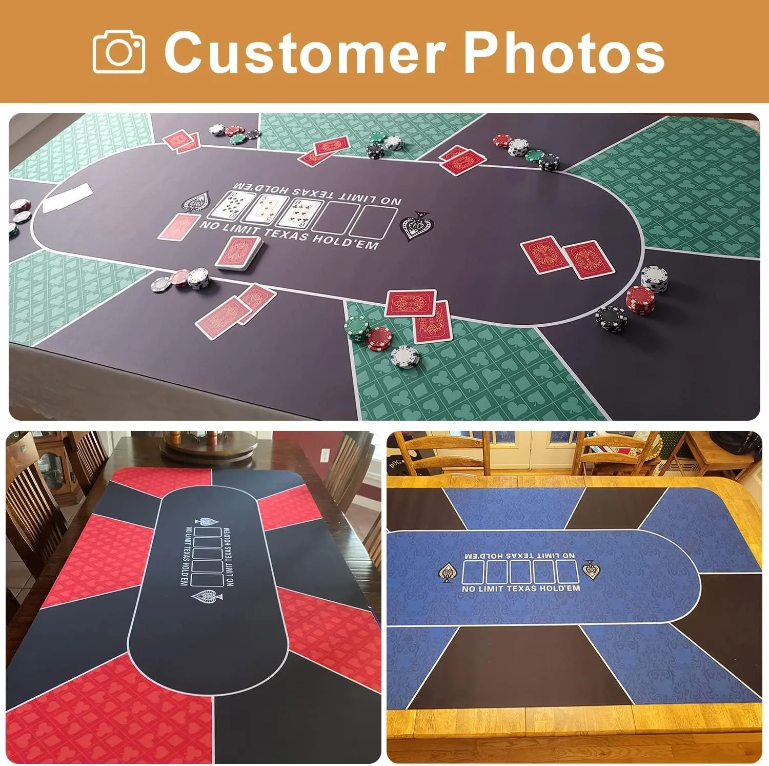 Waterproof Professional Poker Mat, 8 Player Portable Rubber Texas Hold'em Poker Table Top Layout w/Zipper Handbag to Play Cards, Poker Games, Blackjack, Casino 70'' x 35''