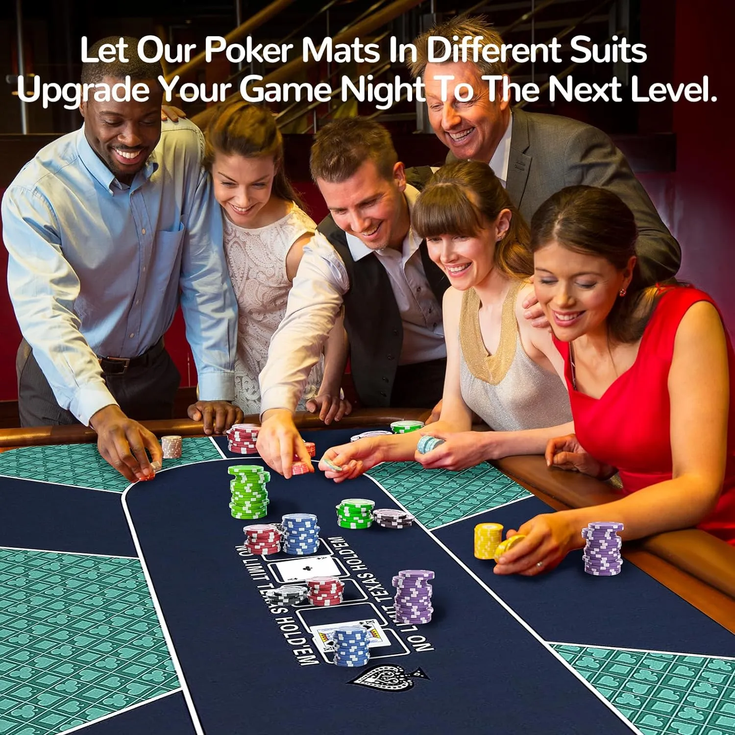 Waterproof Professional Poker Mat, 8 Player Portable Rubber Texas Hold'em Poker Table Top Layout w/Zipper Handbag to Play Cards, Poker Games, Blackjack, Casino 70'' x 35''