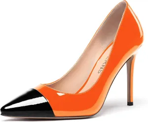 WAYDERNS Women's Pointed Toe Slip On Patent Leather Patchwork Stiletto High Heel Pumps Wedding Dress Shoes 4 Inch