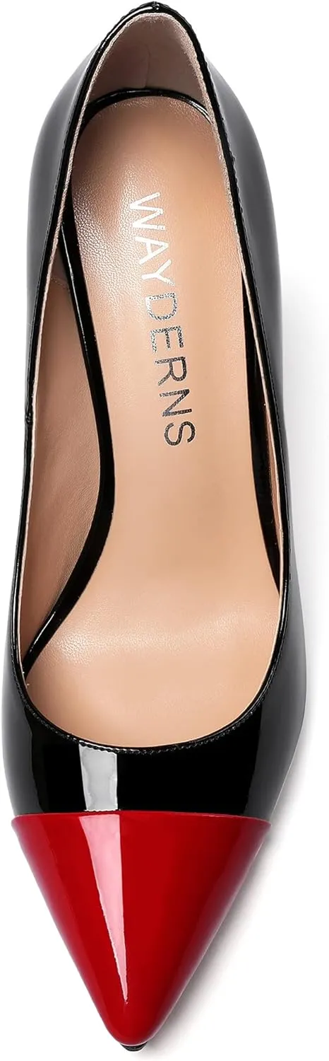 WAYDERNS Women's Pointed Toe Slip On Patent Leather Patchwork Stiletto High Heel Pumps Wedding Dress Shoes 4 Inch