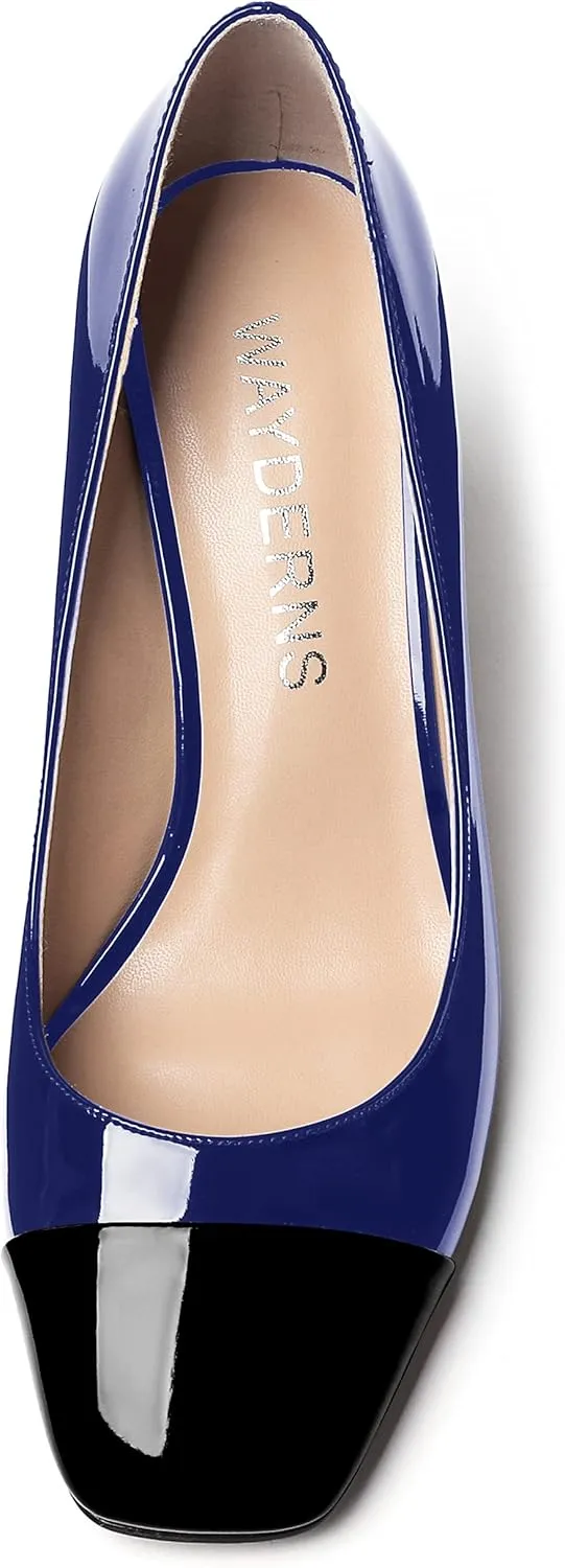 WAYDERNS Women's Square Toe Solid Slip On Patent Leather Patchwork Block High Heel Pumps 3 Inch