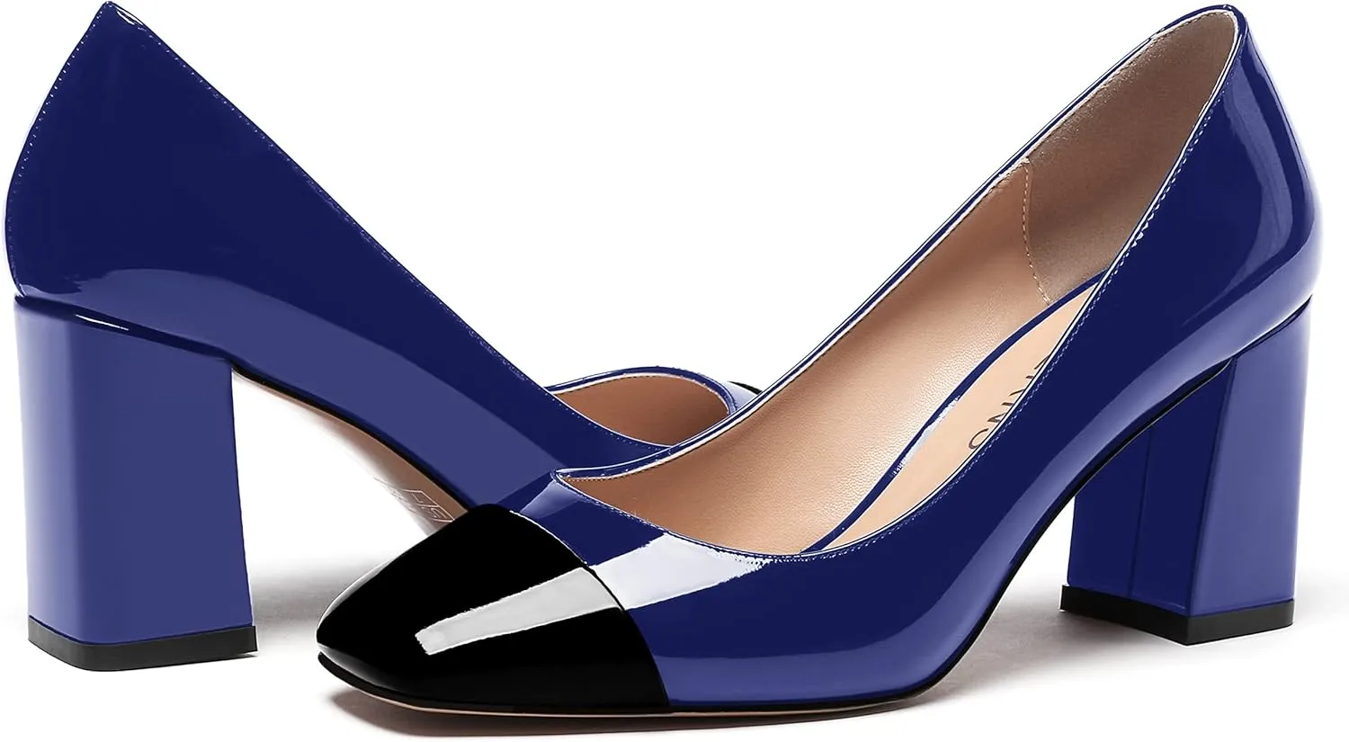 WAYDERNS Women's Square Toe Solid Slip On Patent Leather Patchwork Block High Heel Pumps 3 Inch
