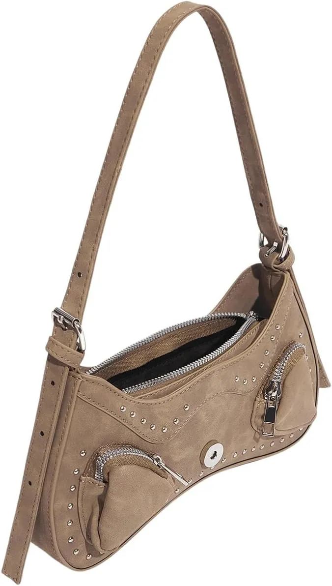 WDIRARA Women's Studded Detail Underarm Bag Buckle Decor Clutch Purse Flap Zipper Funky Shoulder Handbag