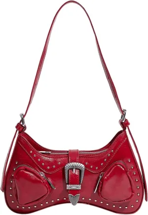 WDIRARA Women's Studded Detail Underarm Bag Buckle Decor Clutch Purse Flap Zipper Funky Shoulder Handbag