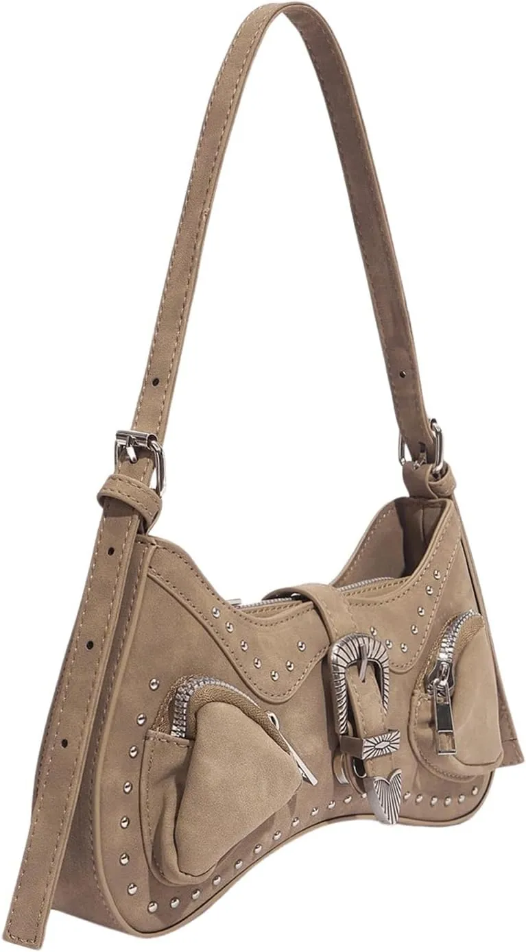 WDIRARA Women's Studded Detail Underarm Bag Buckle Decor Clutch Purse Flap Zipper Funky Shoulder Handbag