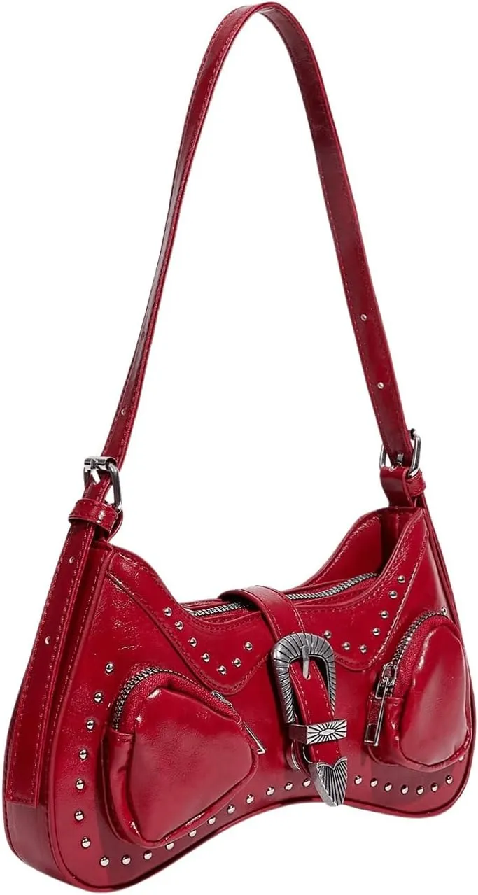 WDIRARA Women's Studded Detail Underarm Bag Buckle Decor Clutch Purse Flap Zipper Funky Shoulder Handbag